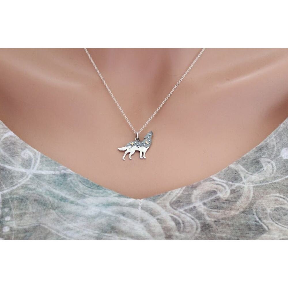 Sterling Silver Wolf Charm with Bronze Star and Moon Necklace